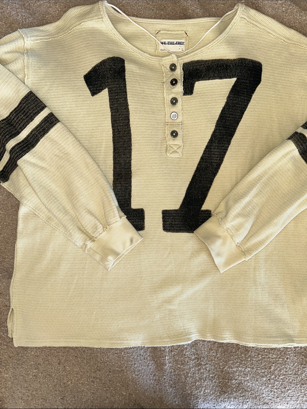 We The Free Cream Henley Shirt with Black '17' Graphic